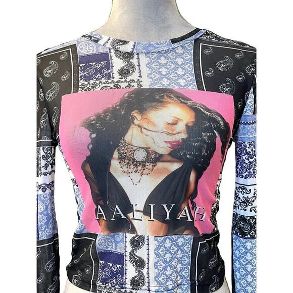 Aaliyah One in A Million Cropped Top LS Black Sheer Y2K 90s Gothic Stretch - Picture 2 of 8